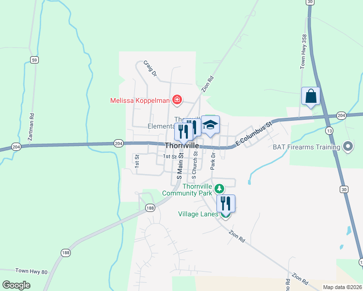 map of restaurants, bars, coffee shops, grocery stores, and more near in Thornville