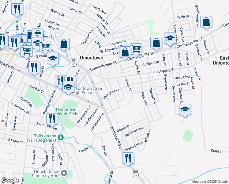 map of restaurants, bars, coffee shops, grocery stores, and more near 61 Dunlap Street in Uniontown