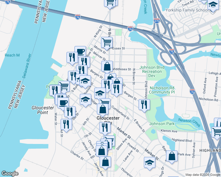 map of restaurants, bars, coffee shops, grocery stores, and more near 527 Monmouth Street in Gloucester City