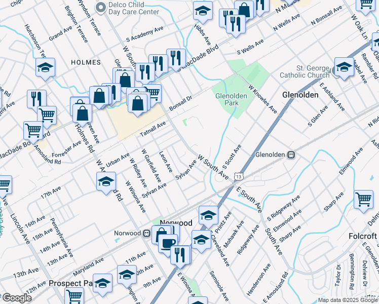map of restaurants, bars, coffee shops, grocery stores, and more near 7 Sparks Circle in Glenolden