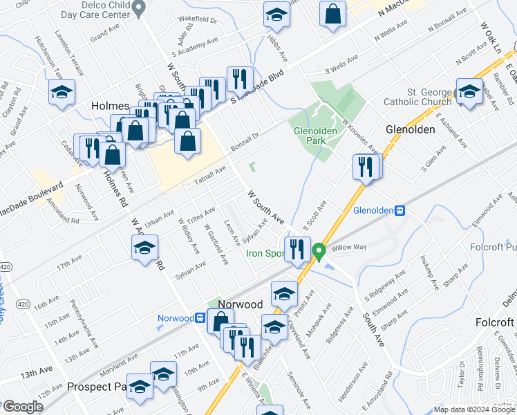 map of restaurants, bars, coffee shops, grocery stores, and more near 7 Sparks Circle in Glenolden