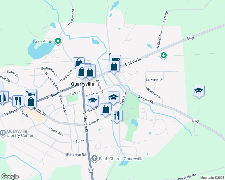 map of restaurants, bars, coffee shops, grocery stores, and more near 114 East 2nd Street in Quarryville