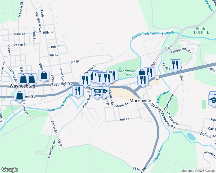 map of restaurants, bars, coffee shops, grocery stores, and more near 1620 East High Street in Waynesburg