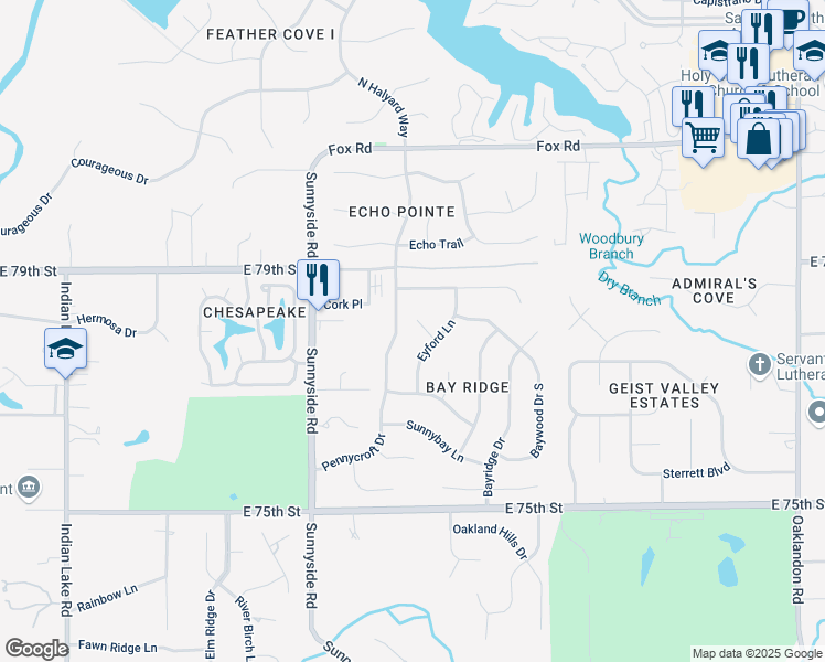 map of restaurants, bars, coffee shops, grocery stores, and more near 7828 Eyford Court in Indianapolis