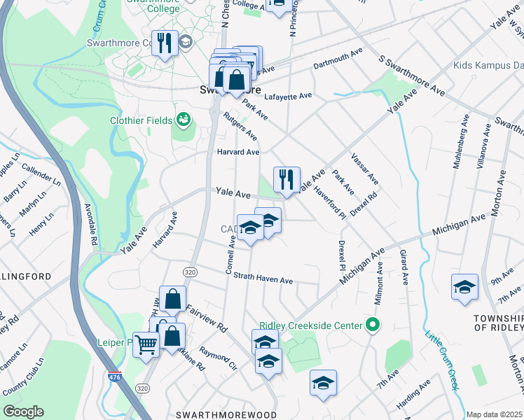 map of restaurants, bars, coffee shops, grocery stores, and more near 305 Rutgers Avenue in Swarthmore