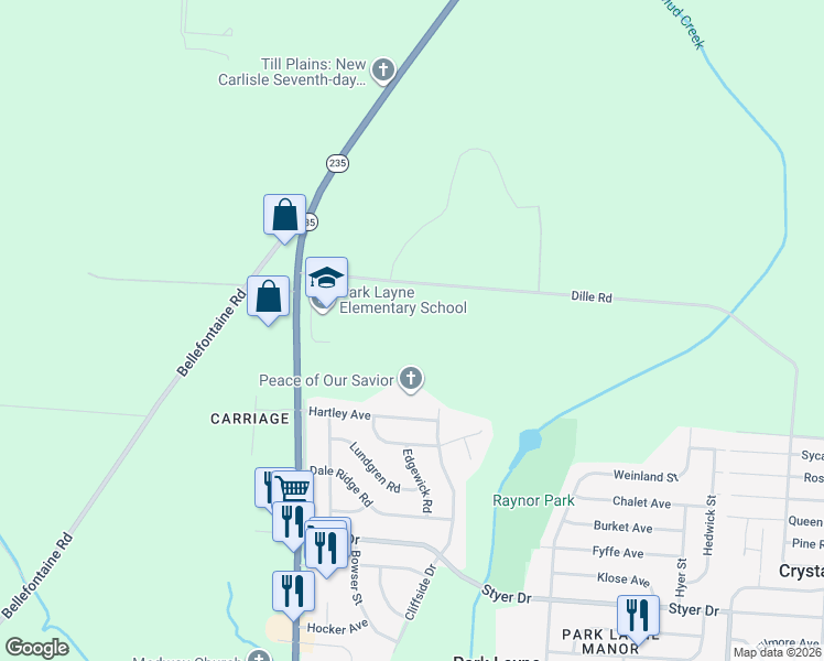 map of restaurants, bars, coffee shops, grocery stores, and more near 12229 Dille Road in New Carlisle