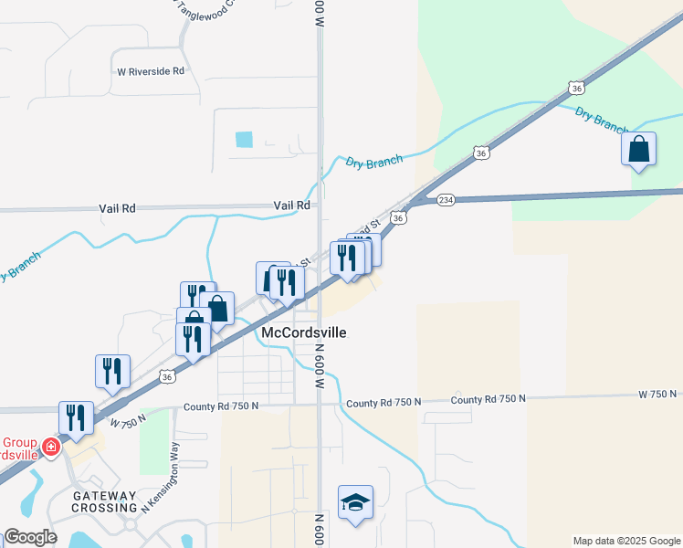 map of restaurants, bars, coffee shops, grocery stores, and more near 5949 West Broadway in McCordsville
