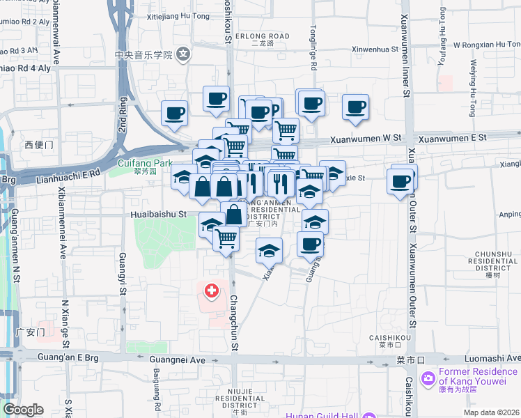 map of restaurants, bars, coffee shops, grocery stores, and more near Sanmiao Street in Beijing