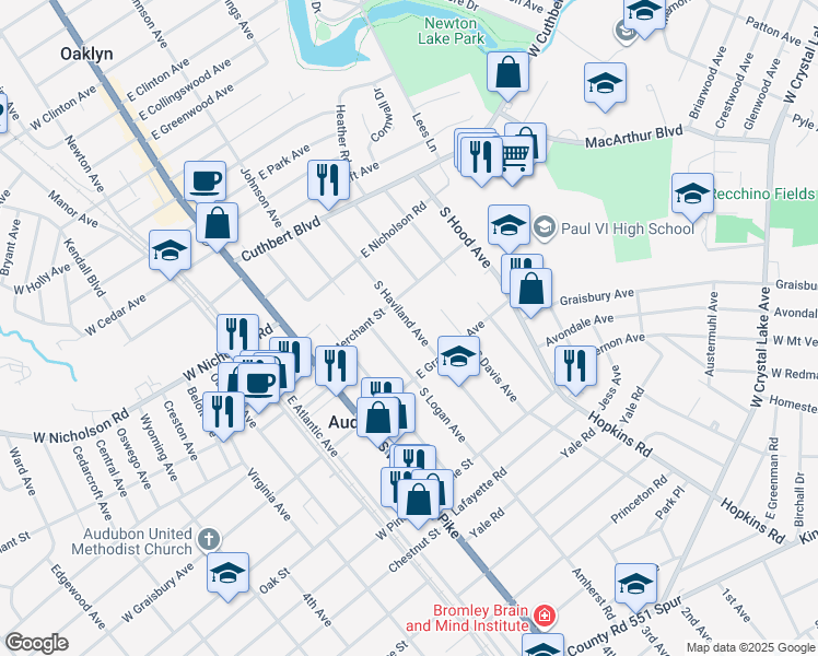 map of restaurants, bars, coffee shops, grocery stores, and more near 111 South Haviland Avenue in Audubon