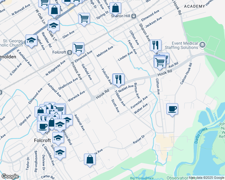 map of restaurants, bars, coffee shops, grocery stores, and more near 1530 Delmar Drive in Folcroft