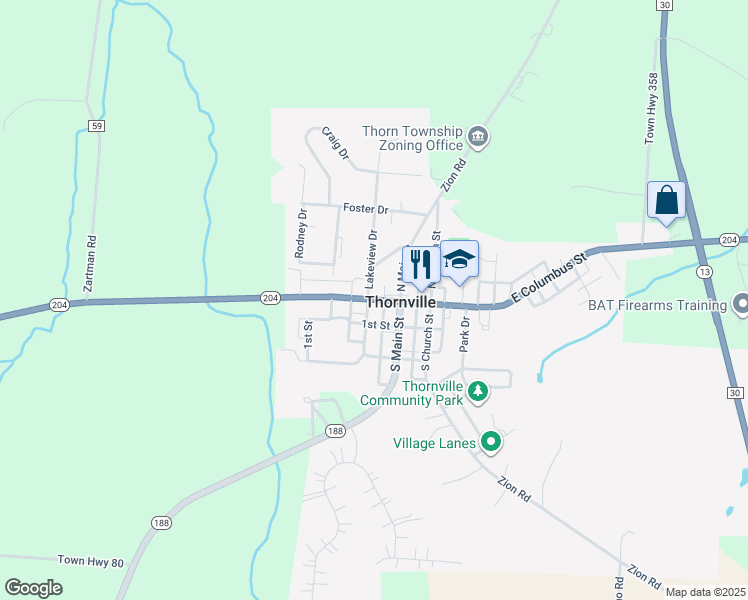 map of restaurants, bars, coffee shops, grocery stores, and more near 57 West Columbus Street in Thornville
