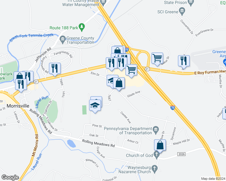 map of restaurants, bars, coffee shops, grocery stores, and more near 90 Zimmerman Drive in Waynesburg