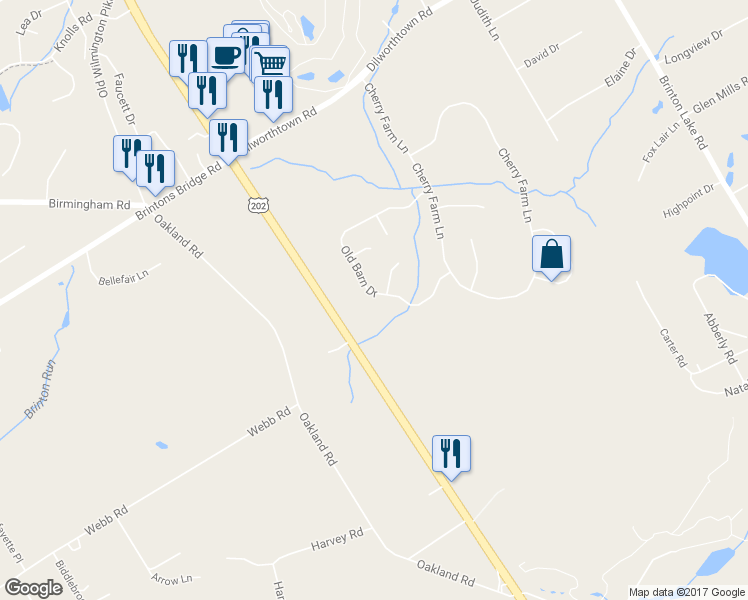 map of restaurants, bars, coffee shops, grocery stores, and more near 22 Old Barn Drive in West Chester