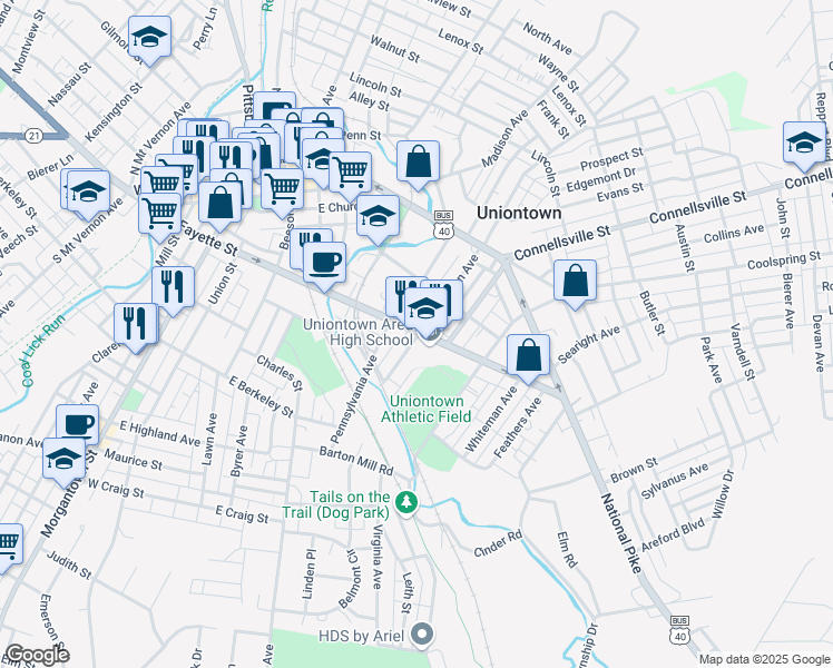 map of restaurants, bars, coffee shops, grocery stores, and more near 146 East Fayette Street in Uniontown