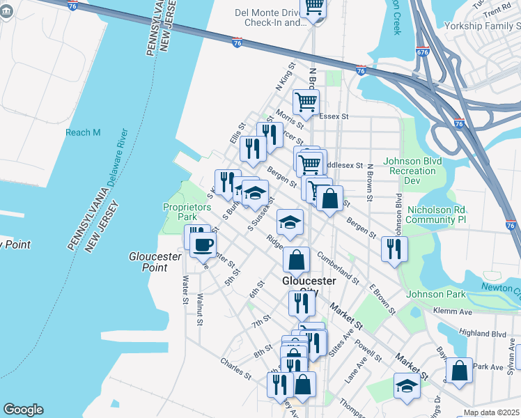 map of restaurants, bars, coffee shops, grocery stores, and more near 15 South Sussex Street in Gloucester City