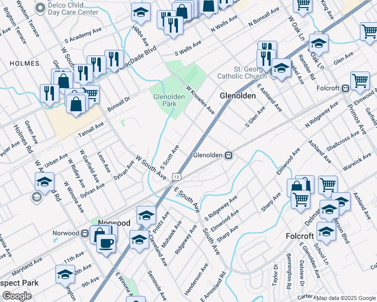 map of restaurants, bars, coffee shops, grocery stores, and more near 345 South Scott Avenue in Glenolden