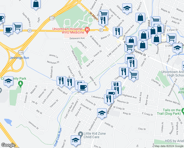 map of restaurants, bars, coffee shops, grocery stores, and more near 172 South Mount Vernon Avenue in Uniontown