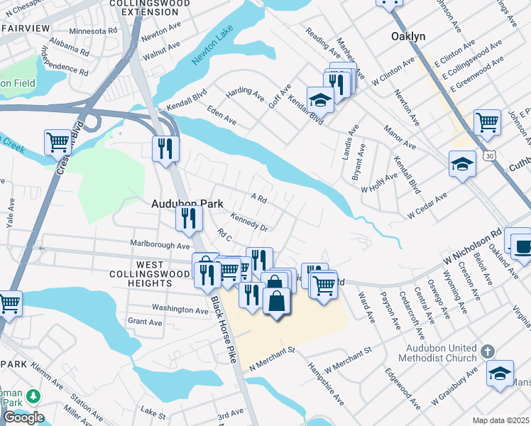 map of restaurants, bars, coffee shops, grocery stores, and more near in Audubon Park