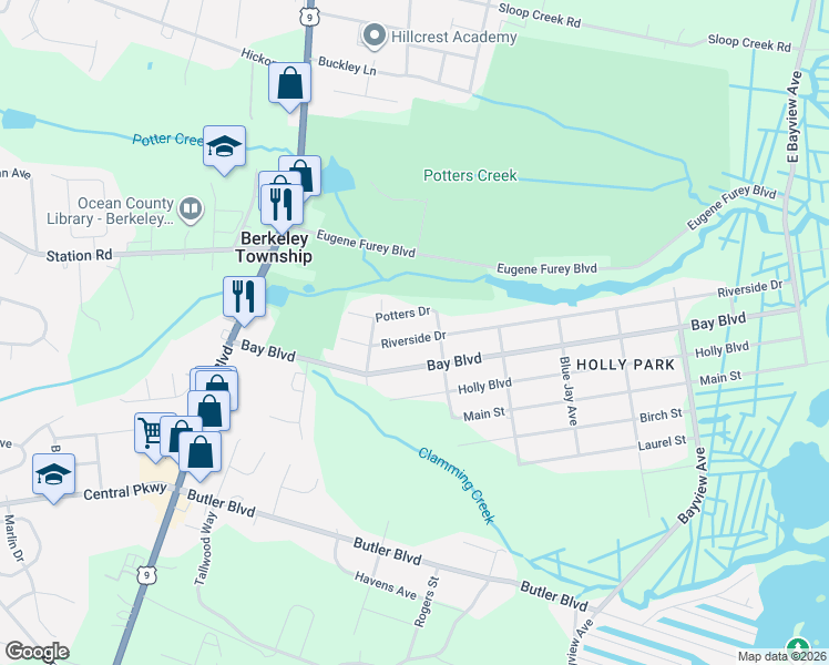 map of restaurants, bars, coffee shops, grocery stores, and more near 226 Potters Drive in Berkeley Township