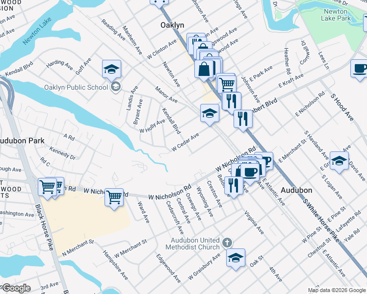 map of restaurants, bars, coffee shops, grocery stores, and more near 417 Kendall Boulevard in Oaklyn