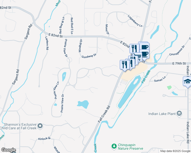 map of restaurants, bars, coffee shops, grocery stores, and more near 7833 North Timber Run Court in Indianapolis