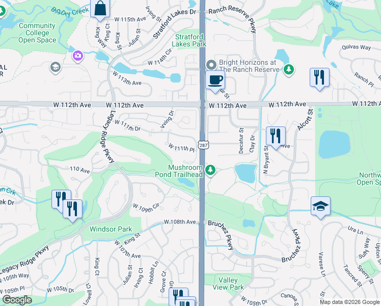 map of restaurants, bars, coffee shops, grocery stores, and more near 3032 West 111th Place in Westminster