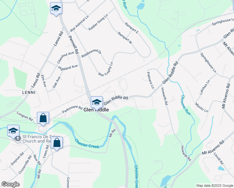map of restaurants, bars, coffee shops, grocery stores, and more near 265 Glen Riddle Road in Media