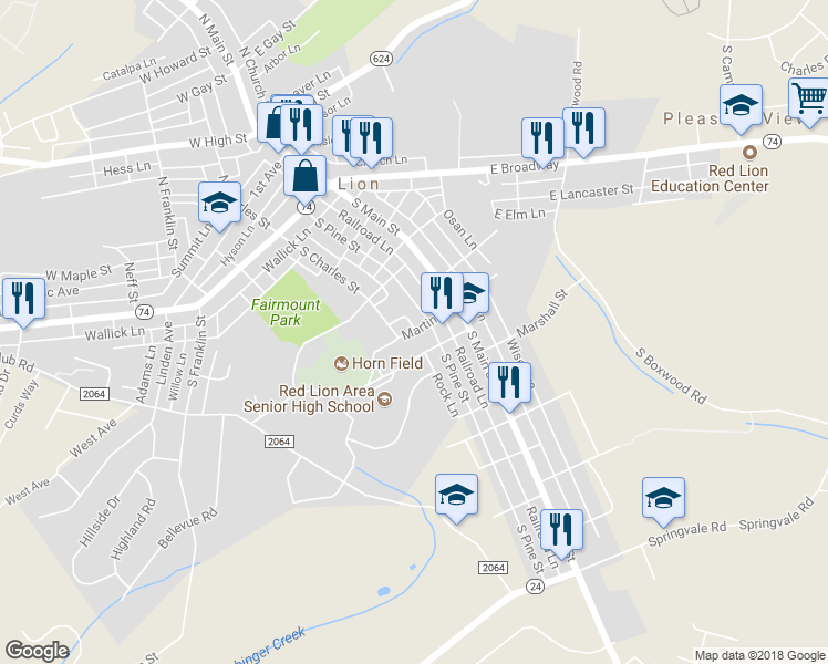 map of restaurants, bars, coffee shops, grocery stores, and more near 140 Martin Street in Red Lion