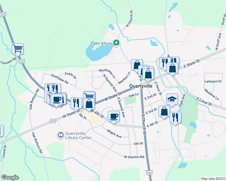 map of restaurants, bars, coffee shops, grocery stores, and more near 100 North Summit Avenue in Quarryville