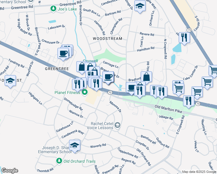 map of restaurants, bars, coffee shops, grocery stores, and more near 2110 Marlton Pike East in Cherry Hill Township