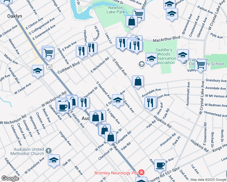 map of restaurants, bars, coffee shops, grocery stores, and more near 140 South Davis Avenue in Audubon