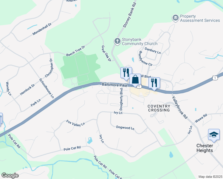 map of restaurants, bars, coffee shops, grocery stores, and more near 8 Chamberlain Court in Glen Mills