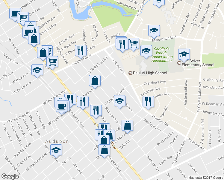 map of restaurants, bars, coffee shops, grocery stores, and more near 140 South Davis Avenue in Audubon