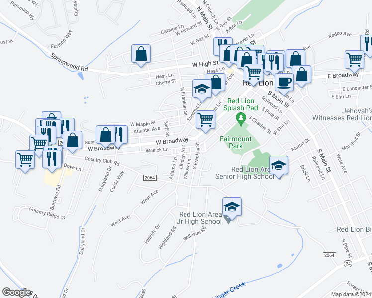 map of restaurants, bars, coffee shops, grocery stores, and more near 25 Linden Avenue in Red Lion