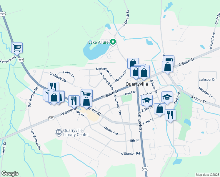map of restaurants, bars, coffee shops, grocery stores, and more near 100 North Summit Avenue in Quarryville