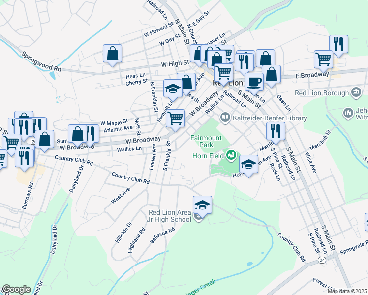 map of restaurants, bars, coffee shops, grocery stores, and more near 322 Boundary Avenue in Red Lion