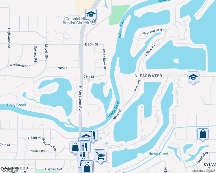 map of restaurants, bars, coffee shops, grocery stores, and more near 7721 Battery Pointe Way in Indianapolis