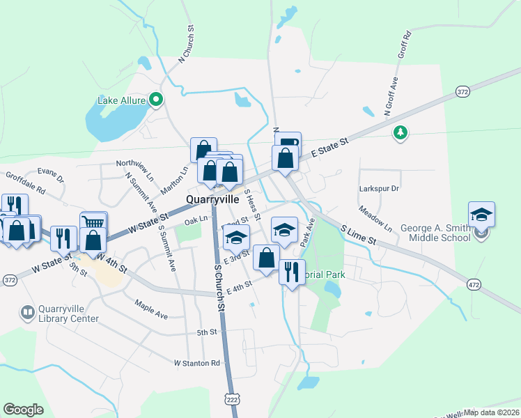 map of restaurants, bars, coffee shops, grocery stores, and more near 9 South Hess Street in Quarryville