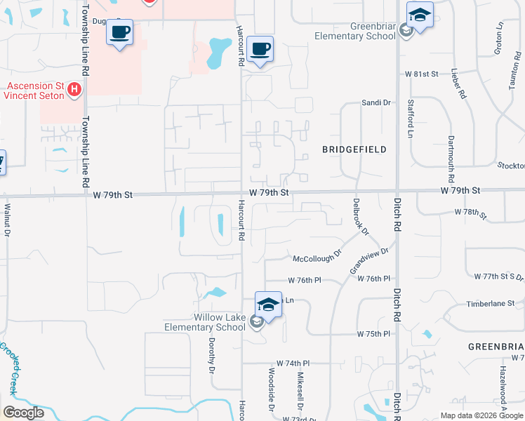 map of restaurants, bars, coffee shops, grocery stores, and more near 1814 Park North Bend in Indianapolis