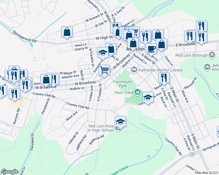 map of restaurants, bars, coffee shops, grocery stores, and more near 322 Boundary Avenue in Red Lion
