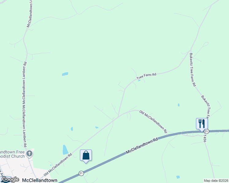 map of restaurants, bars, coffee shops, grocery stores, and more near 135 Tree Farm Road in McClellandtown