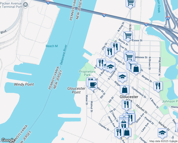map of restaurants, bars, coffee shops, grocery stores, and more near 104 Market Street in Gloucester City