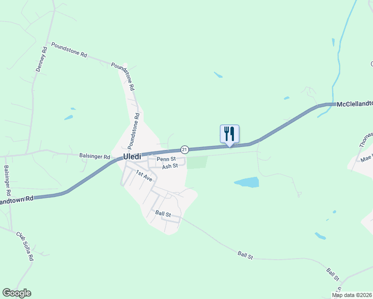 map of restaurants, bars, coffee shops, grocery stores, and more near 585 McClellandtown Road in Uniontown