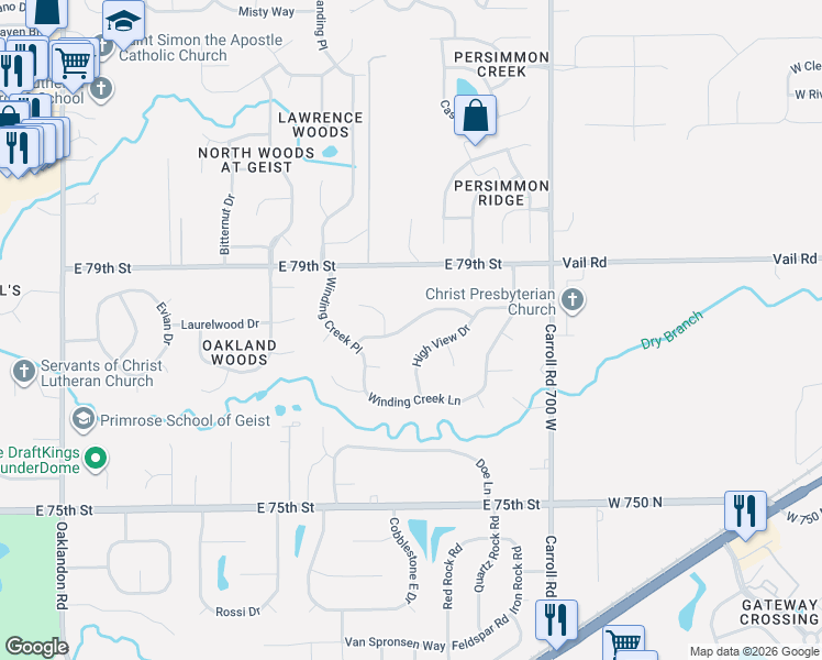 map of restaurants, bars, coffee shops, grocery stores, and more near 12510 Clearview Lane in Indianapolis