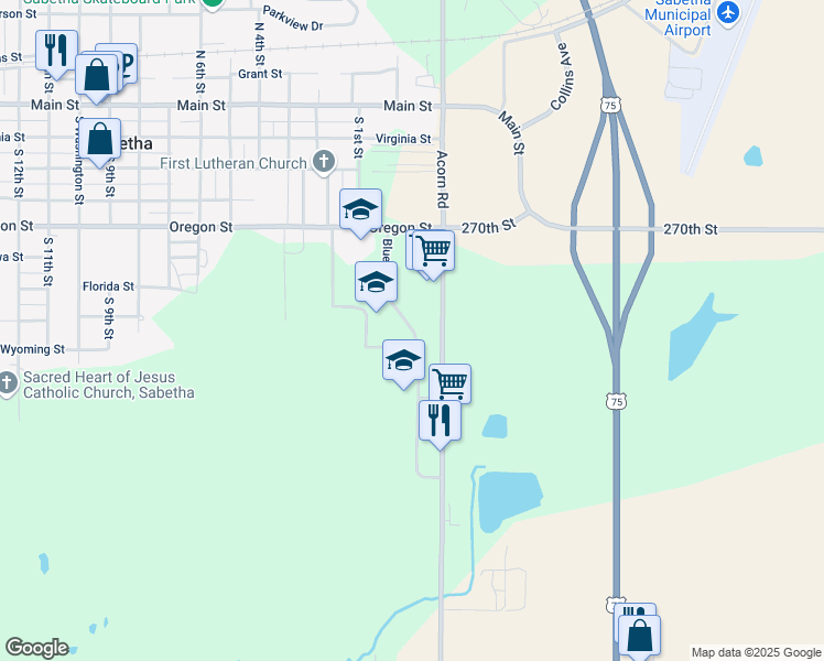 map of restaurants, bars, coffee shops, grocery stores, and more near 751 Blue Jay Drive in Sabetha