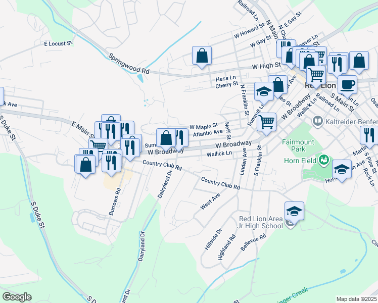 map of restaurants, bars, coffee shops, grocery stores, and more near 732 West Broadway in Red Lion