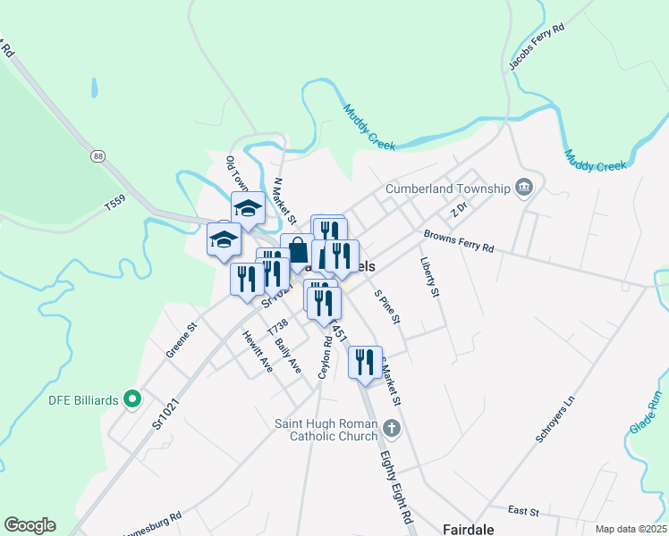 map of restaurants, bars, coffee shops, grocery stores, and more near in Carmichaels