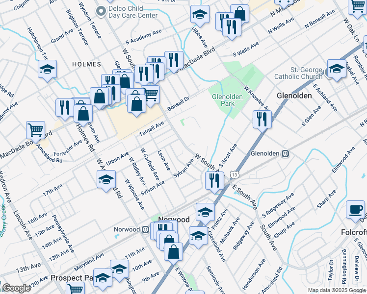 map of restaurants, bars, coffee shops, grocery stores, and more near 9 Sparks Circle in Glenolden
