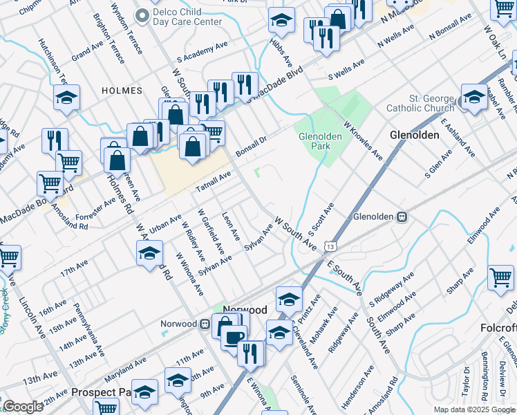map of restaurants, bars, coffee shops, grocery stores, and more near 9 Sparks Circle in Glenolden