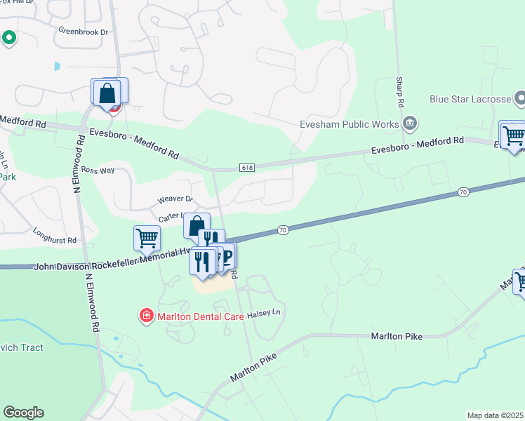 map of restaurants, bars, coffee shops, grocery stores, and more near 2603 Delancey Way in Evesham